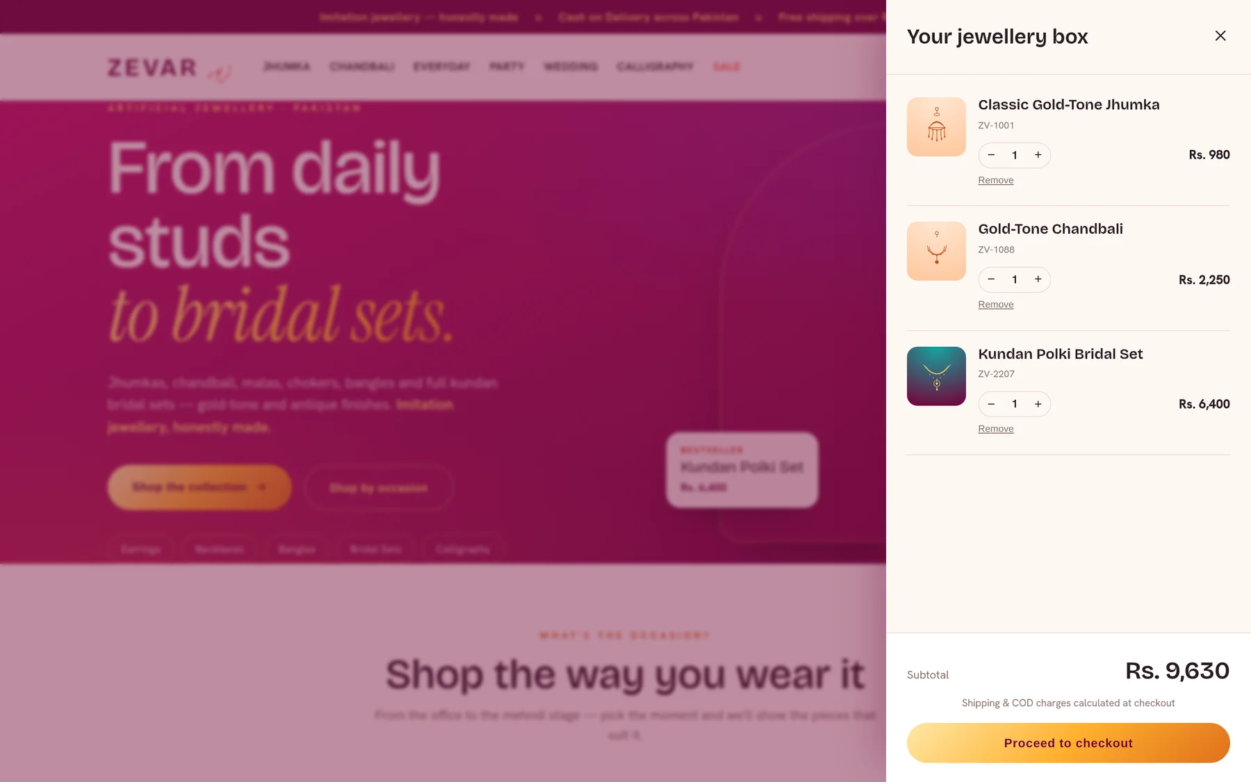 The slide-over 'Your jewellery box' drawer: three line items with thumbnails, stock references and quantity steppers, a Rs. 9,630 subtotal, and a Proceed to checkout button.