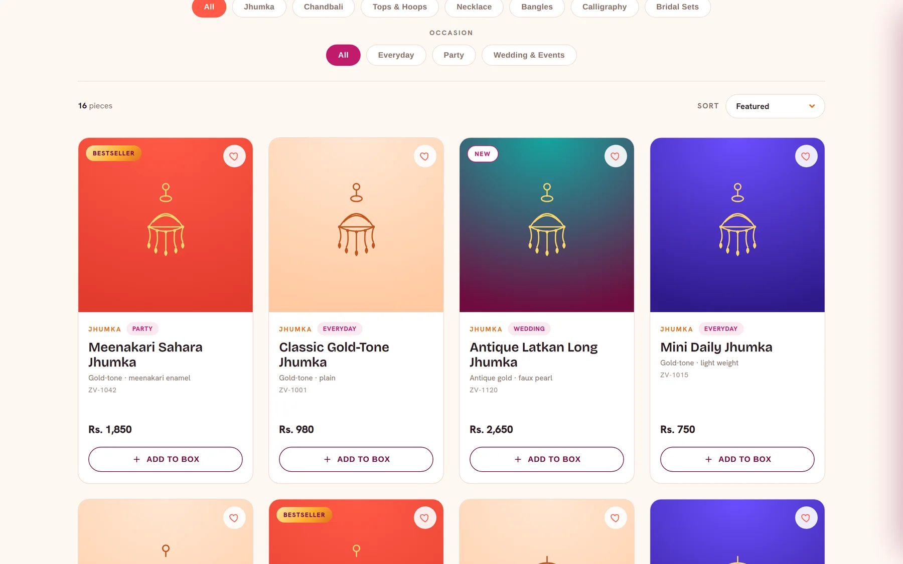 The catalogue: sixteen product cards in a four-across grid, each a large gradient panel with a gold jewellery illustration, material description, rupee price and an Add to Box button.