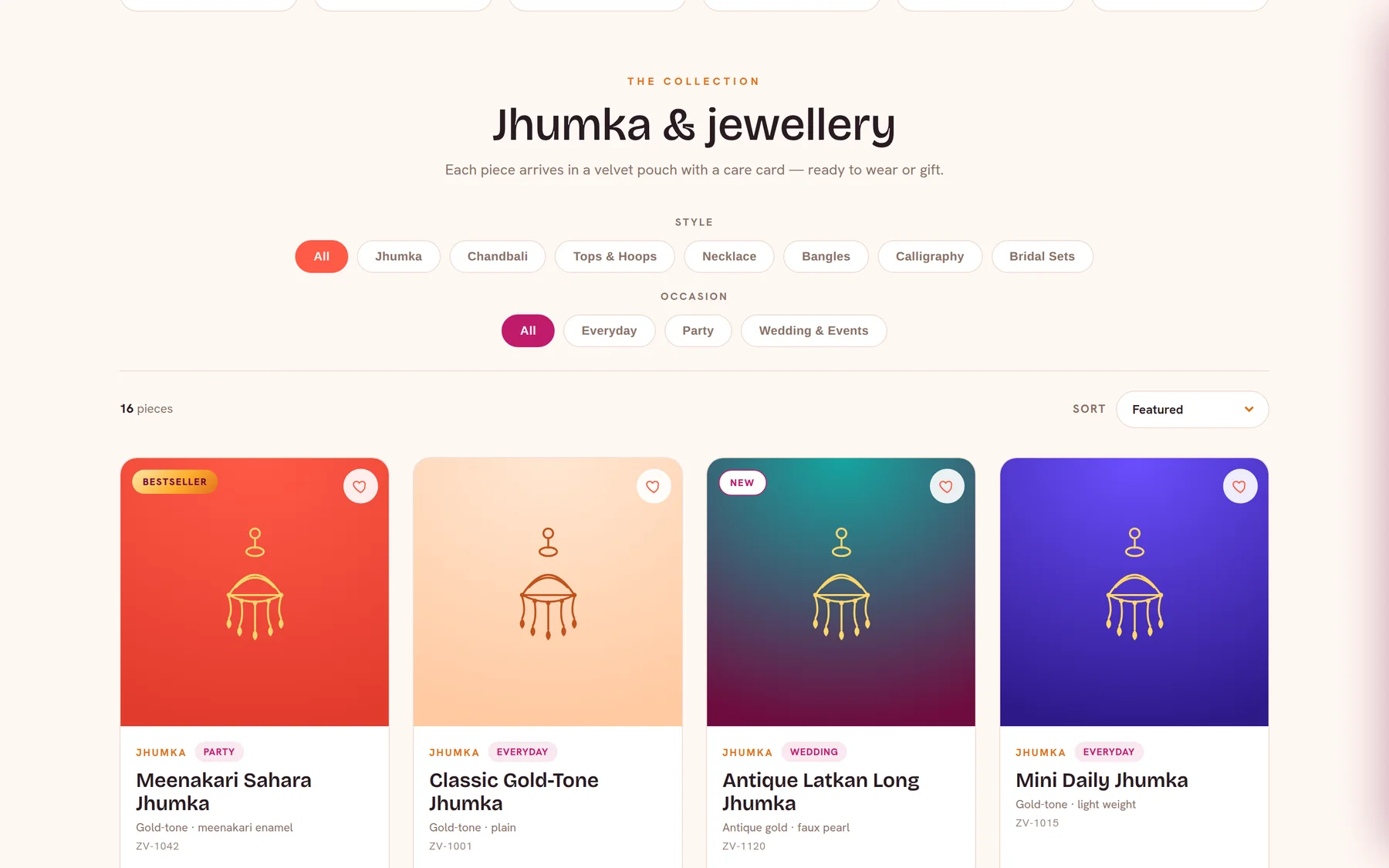 A six-tile category rail: Jhumka, Chandbali, Tops & Hoops, Necklace, Bangles and Calligraphy, each with its sub-styles named.