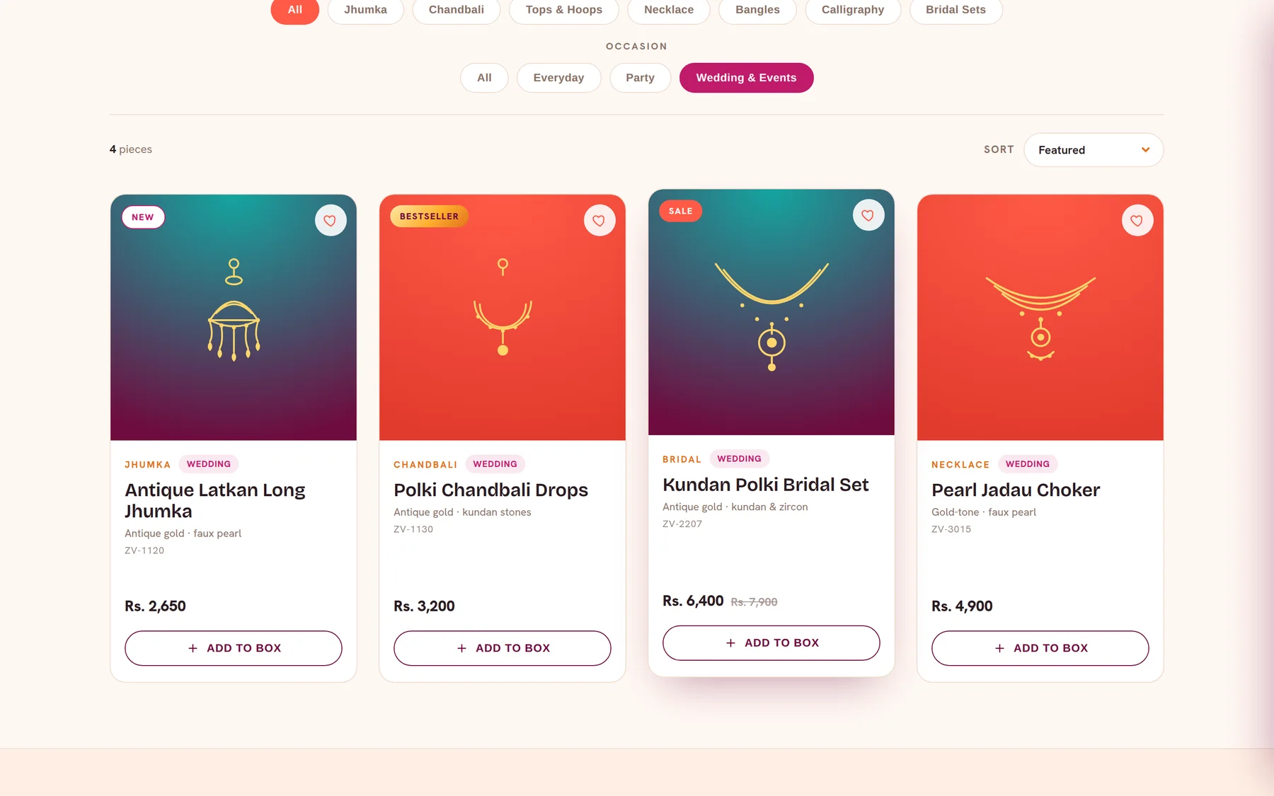 The catalogue filtered to Wedding & Events, showing four pieces across jhumka, chandbali, bridal and necklace categories with a '4 pieces' count.
