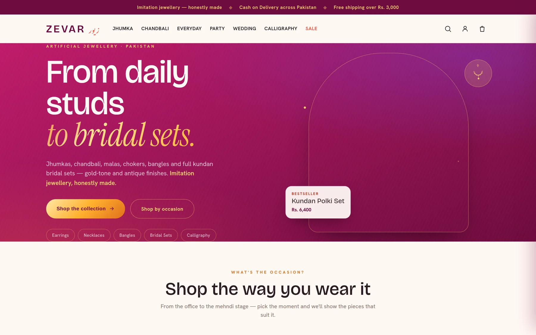 The ZEVAR fold: a bilingual wordmark, the headline 'From daily studs to bridal sets' over a magenta gradient, category chips and a bestseller card.
